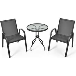 COSTWAY Salon de Jardin 3 Pièces - 1 Table de Jardin Exterieur avec 2 Fauteuils Plateau Ø 60 cm en Verre Trempé Cadre en Acier