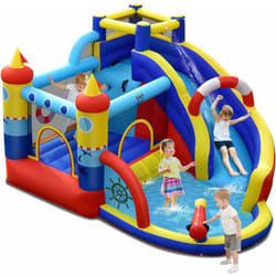 Aquatique Gonflable 6 en 1 avec Toboggan Incurvé Piscine à Eclaboussures Jeu Cible et Canon à Eau sans Gonfleur pour Enfants - Costway