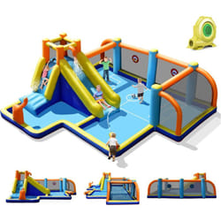 Costway - Château Gonflable Aquatique 6 en 1 Enfant 3 Ans+ avec Gonfleur 680W Pisine Toboggan Escalade Football Jet d'Eau Jeu de la Cible 465 x 500 x