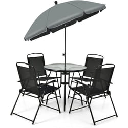 Ensemble Salon de Jardin 6 Pcs, 4 Chaises Pliantes Table Basse en Verre et Parasol, pour Terrasse, Piscine, Cour, Noir - Costway
