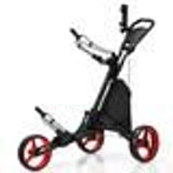 COSTWAY Chariot de Golf Pliable à 3 Roues Sangle ElastiquePorte-parasol Réglable et Porte-gobelet Sac Recouvert dAluminium Rouge