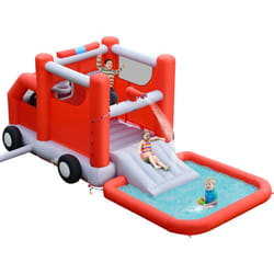 Costway - Toboggan Aquatique Gonflable pour Enfants sur Le Thème Voiture de Pompiers avec Piscine à Eclaboussures, Zone de Rebond,Ballon de Basket