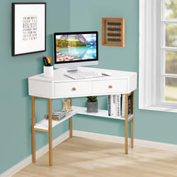 Table Bureau d'Angle avec 2 Tiroirs/Table Imformatique pour Ordinateur avec Etagère de Rangement Blanc - Costway
