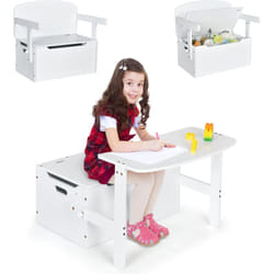Costway - 3 en 1 Table Enfant en Bois avec Chaise, Banc Coffre à Jouets avec Couvercle & Poignée Découpée, Table d'Activités Convertible pour