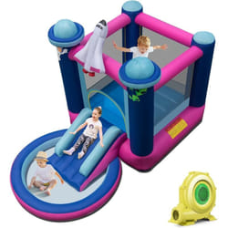 Costway - Toboggan Aquatique Gonflable Thème de l'espace avec Gonfleur 480 w Piscine à Eclaboussures Toboggan Portable,Sac de Transport et Piquets