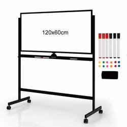 COSTWAY Tableau Blanc Magnétique 120x60cm Double Face Réversible 360° Mobile 2 Hauteur Effaçable à Sec 12 Aimants 6 Marqueurs ...