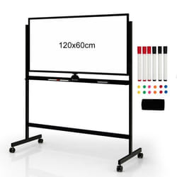 COSTWAY Tableau Blanc Magnétique 120x60cm Double Face Réversible 360° Mobile 2 Hauteur Effaçable à Sec 12 Aimants 6 Marqueurs Noir