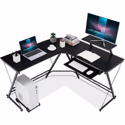 COSTWAY Bureau dAngle Forme de L - 1265x130x94 CM avec Rangement pour CPU Etagère pour Ecran et Plateau Coulissant pour Clavi ...