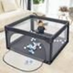 Parc Bébé 126 x 126 x 68 CM COSTWAY-50 Balles Océaniques-Filet Doux-Porte à Glissière-2 Anneaux de Traction-10 mois-6 ans-Gris Foncé