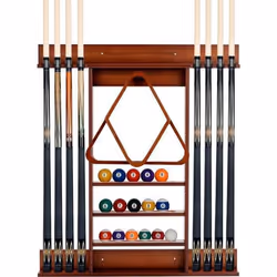 Porte-Queues de Billard Mural COSTWAY-8 Queues et Rainures à 3 Niveaux-15 Porte-balles1 Porte-boules-Triangle en Bois-79x91