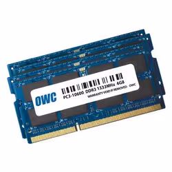 OWC OWC1333DDR3S16S, 16 Go, 4 x 4 Go, DDR3, 1333 MHz, 204-pin SO-DIMM, Noir, Bleu, Or