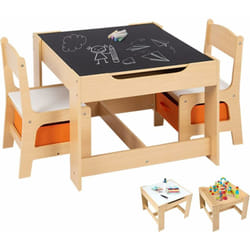 COSTWAY Ensemble Table et 2 Chaises Enfants 2 Face (Noir et Blanc) 2 Boîtes de Rangement pour Dessin Manger Etudier Jouer