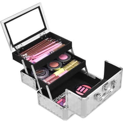 COSTWAY Coffret de Maquillage Beauty Case avec Miroir et Bandoulière 23 x 15 x 18CM pour CoiffeuseMaquilleurFournitures de Couture