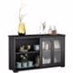 COSTWAY Buffet de Cuisine Meuble Commode Rangement Cuisine L1065 cm – MDF Noir 2 Etagères avec 2 Porte Coulissantes en Verre