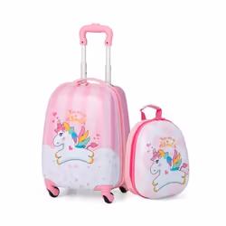 COSTWAY Valise 16’’ + Sac à dos 12’’ Bagage à Roulettes en Rose pour Enfants Trolley à Roulettes avec Motif Licorne pour Fill ...
