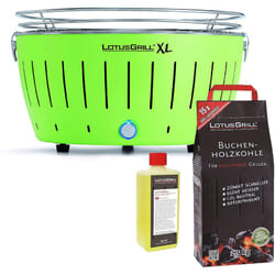 Barbecue Vert xl avec Piles et Câble d'Alimentation usb + 2,5Kg de Charbon de Bois de Hêtre + Gel Combustible 500ml Lotus Grill