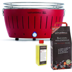 Barbecue Rouge xl avec Piles et Câble d'Alimentation usb + 2,5Kg de Charbon de Bois de Hêtre + Gel Combustible 500ml Lotus Grill