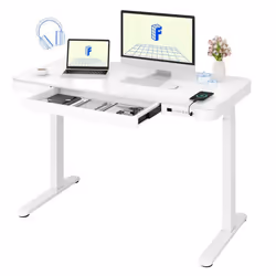 FLEXISPOT Bureau Assis Debout avec Plateau en Verre Coiffeuse avec Tiroir et Connexions Type C et Type A 120 x 60 cm Blanc