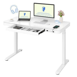 FLEXISPOT Bureau Assis Debout avec Plateau en Verre Coiffeuse avec Tiroir et Connexions Type C et Type A 120 x 60 cm Blanc