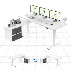 Bureau Assis Debout en L Bureau  avec 2 Tiroirs en Tissu Réglable en Hauteur à Fonctions Mémoires Blanc
