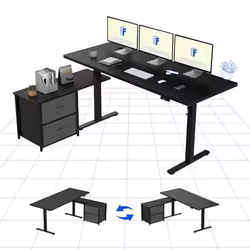Bureau Assis Debout en L Bureau Informatique avec 2 Tiroirs en Tissu Réglable en Hauteur à Fonctions Mémoires Noir