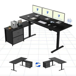 Bureau Assis Debout en L Bureau Informatique avec 2 Tiroirs en Tissu Réglable en Hauteur à Fonctions Mémoires Noir