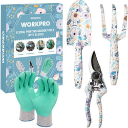 Workpro - Ensemble d'Outils de Jardinage 4 Pièces, Outils en Acier Inoxydable avec Gants, Sécateur, Truelle de Jardin, Râteau à Main, Idéal pour