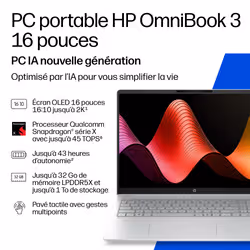 HP OmniBook 3 Laptop Next Gen AI 16-bz0023nfx Copilot+ PC X1-26-100 Ordinateur portable 40,6 cm (16") 2K 16 Go LPDDR5x-SDRAM Wi-Fi 6E (802.11ax) Windows 11 Home Argent - Vue supplémentaire 4