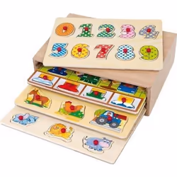 Casier 4 Puzzles en Bois - WDK PARTNER - Animaux ours à habiller ferme chiffres - Mixte - A partir de 18 mois