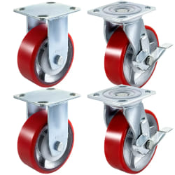 VEVOR Roulettes 15 cm Lot de 4 2 roulettes rigides et 2 roulettes pivotantes avec frein lateral, plaque de noyau en fer, polyurethane, capacite de charge 450 kg par roue pour atelier, garage, entrepot
