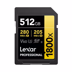 Lexar Professional 1800x, 512 Go, SDXC, Classe 10, UHS-II, 280 Mo/s, 205 Mo/s