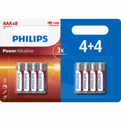 Philips Power Alkaline Batterie LR03P8BP/10, Batterie rechargeable, AAA, Alcaline, 1,5 V, 5 année(s), Cd (cadmium), Hg (mercu ...