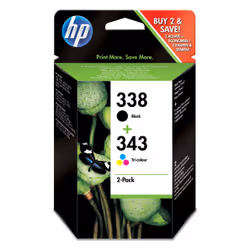 HP 338 (noir) / 343 (trois couleurs) pack de 2 cartouches d'encre authentiques, Rendement élevé (XL), Encre à pigments, Encre ...