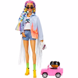 Barbie Extra Doll #5 in Long-Fringe Denim Jacket with Pet Puppy, Poupée mannequin, Mâle, 3 an(s), Fille, Multicolore