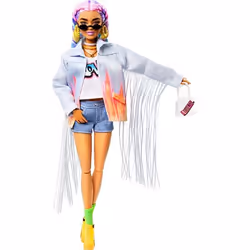 Barbie Extra Doll #5 in Long-Fringe Denim Jacket with Pet Puppy