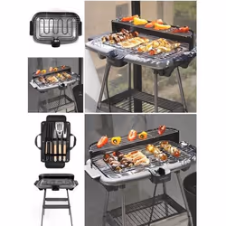 Barbecue Electrique sur Pieds ou de Table Gris 2000W + Set de 4 accessoires pour barbecue Acier inoxydable avec finition bois