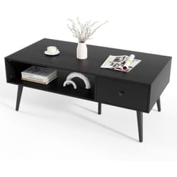 Table Basse avec Rangement, Table de Salon avec 1 Tiroir, Compartiment Large, 4 Pieds en Métal pour Salon (Noir) - Costway
