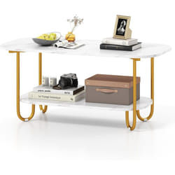 Costway - Table Basse Marbre, Table de Salon 2 Niveaux, Cadre Métallique Robuste, Table Basse Design, Blanc+Doré, 100 x 50 x 45 cm