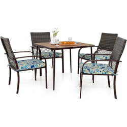 COSTWAY Ensemble de Meubles de Patio 5 Pièces, Salon de Jardin 4 Fauteuils en Rotin avec Coussins et Table Carrée avec Trou pour Parasol, Ensemble de