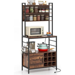 Costway - tagère de Cuisine avec Prises de Courant, Armoire de Bar à Café avec Crochets, Porte-Bouteilles de Vin, Cadre en Métal Robuste, Support