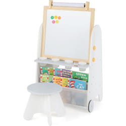 Costway - 4 en 1 Tableau Enfant en Bois avec Tableau Noir & Tableau Magnétique Réglable, Chevalet d'Art Enfant avec Étagère à Livres & Rouleau de