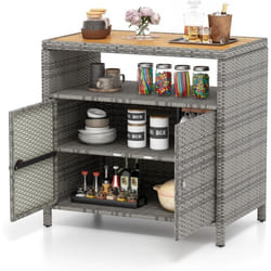 Costway - Armoire de Rangement Exterieur en Rotin, Armoire de Jardin avec Plateau en Bois d'Acacia Compartiment Ouvert Buffet à 2 Portes,