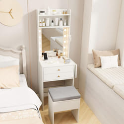 Costway - Petite Coiffeuse avec Miroir et Tabouret, Coiffeuse avec Rangement, Lumières Réglables en 3 Couleur, Station de Charge, Table de