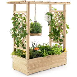 Costway - Jardinière avec 2 Treillis Latéraux Toit Suspendu en Bois de Sapin avec Trou de Drainage, Lit de Jardin pour Plante Grimpante Résistance