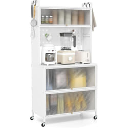 Costway - Meuble Cuisine Rangement 5 Niveaux, Etagere Rangement Cuisine en Fer, Portes Battantes, Panneau Perforé, 10 Crochets, Armoire Cuisine à