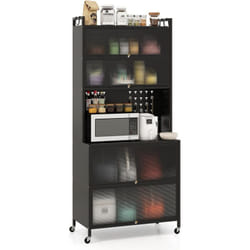 Costway - Meuble Cuisine Rangement 6 Niveaux, Etagere Rangement Cuisine en Fer, Portes Battantes, Panneau Perforé, 10 Crochets, Armoire Cuisine à