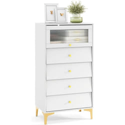 Costway - Commode Chambre, Armoire Cuisine avec Porte en Verre Strié Basculante, Tiroirs Coulissants, Pieds Métalliques Dorés, Kit Anti-Basculement,