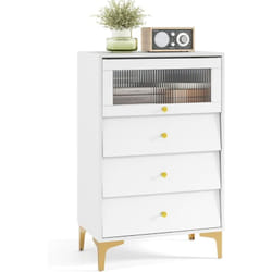 Costway - Commode Chambre, Armoire Cuisine avec Porte en Verre Strié Basculante, Tiroirs Coulissants, Pieds Métalliques Dorés, Kit Anti-Basculement,