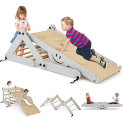 Costway - 5 en 1 Échelle d'escalade Montessori Enfant avec Rampe Double Face & Réglable, Triangle d'escalade Pliable en Bois avec Toboggan & Bascule,