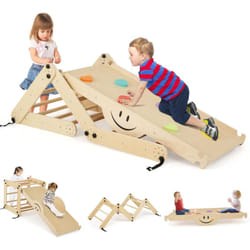 Costway - 5 en 1 Échelle d'escalade Montessori Enfant avec Rampe Double Face & Réglable, Triangle d'escalade Pliable en Bois avec Toboggan & Bascule,